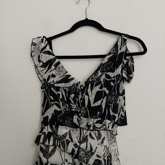 Dark Pink Deconstructed Midi Tea Dress Black White Layered Ruffled Sz US 2 /UK 6 - Picture 11 of 12